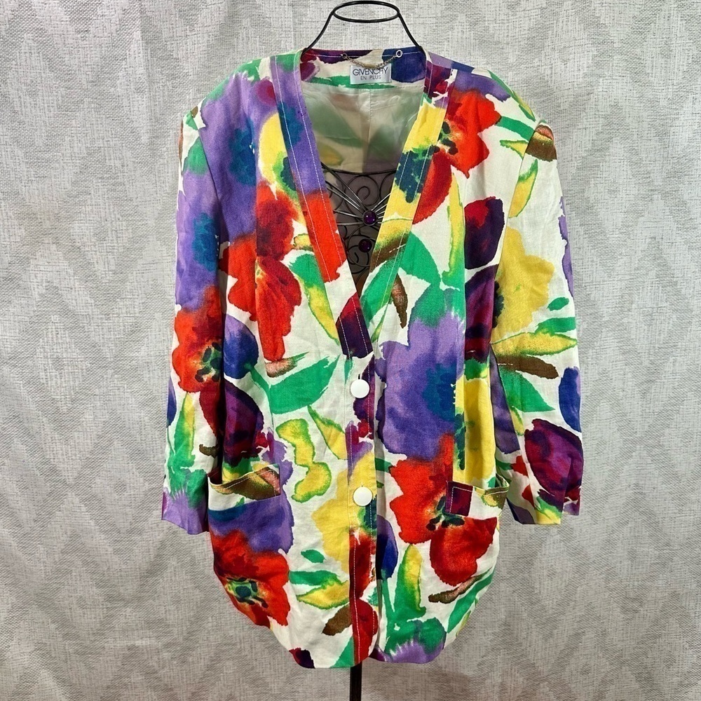 Vintage Givenchy en plus floral watercolor linen blazer - Picture 1 of 10